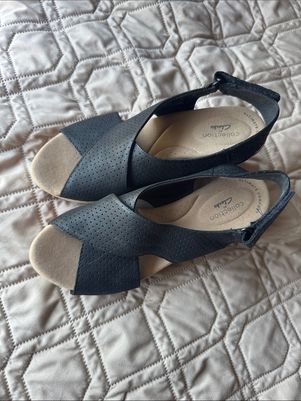 Clark’s Black Perforated Cross-Strap Slingback wedges